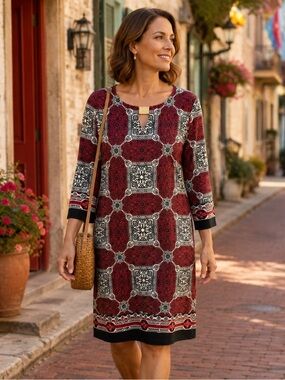 Sunny Leigh Red Black Medallion Print Shift Dress Gold Hardware 3/4 Sleeve Small